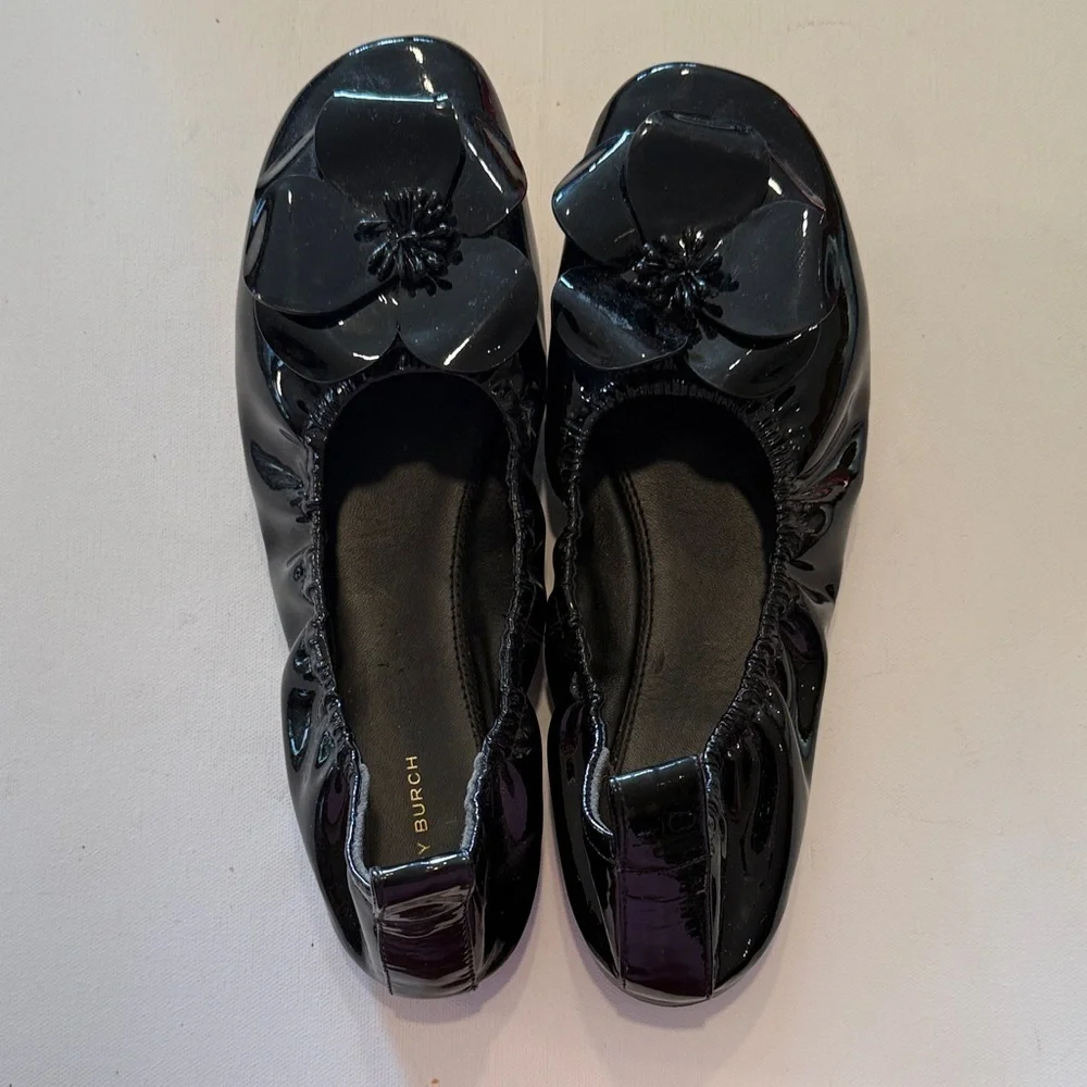 Tory Burch Glossy Black Flower Flats